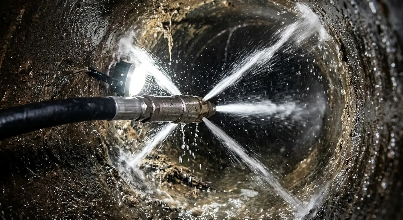 High-pressure hydro jetting nozzle cleaning sewer pipe for Sewer Cleanout in Rochester