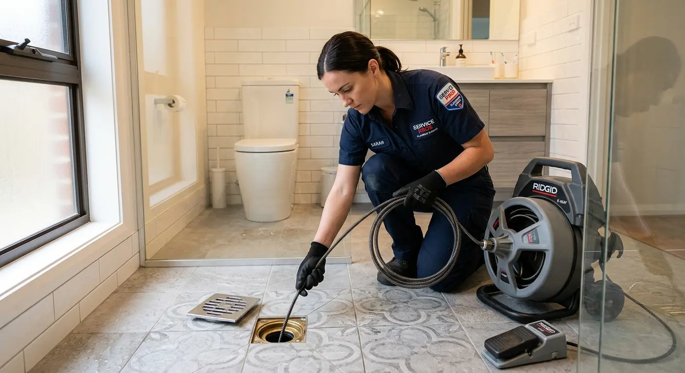 Technician clearing a bathroom floor drain for Drain Cleaning in Rochester